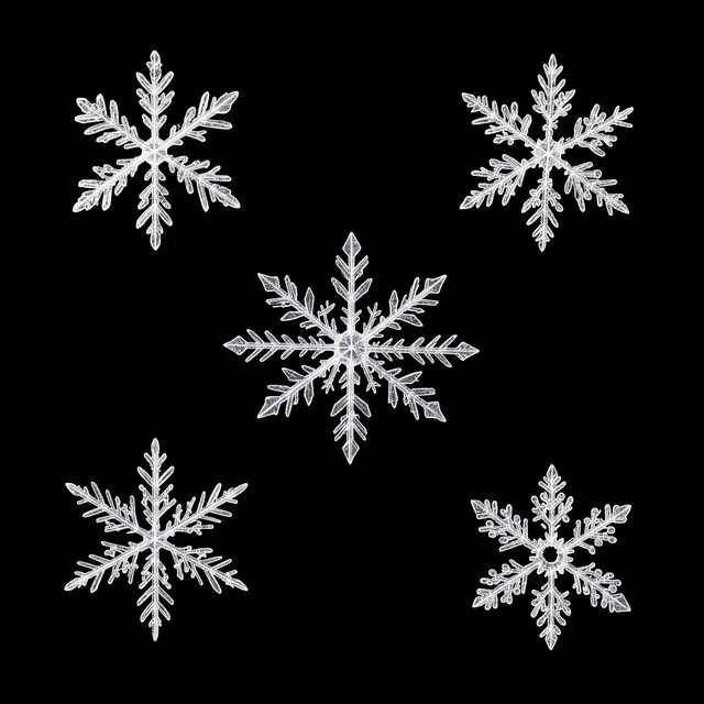 Five distinct intricate six-armed snowflake crystals arranged on a solid pure black background