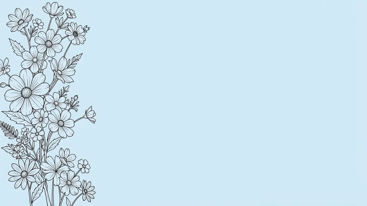 Black line art wildflowers climb the left edge of a pale blue background with empty copy space on the right