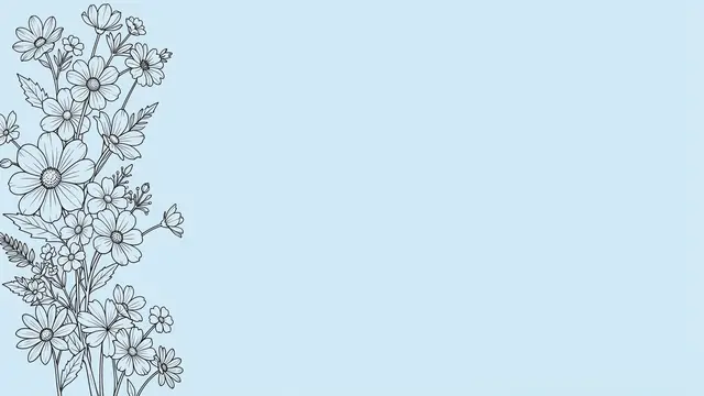 Black line art wildflowers climb the left edge of a pale blue background with empty copy space on the right