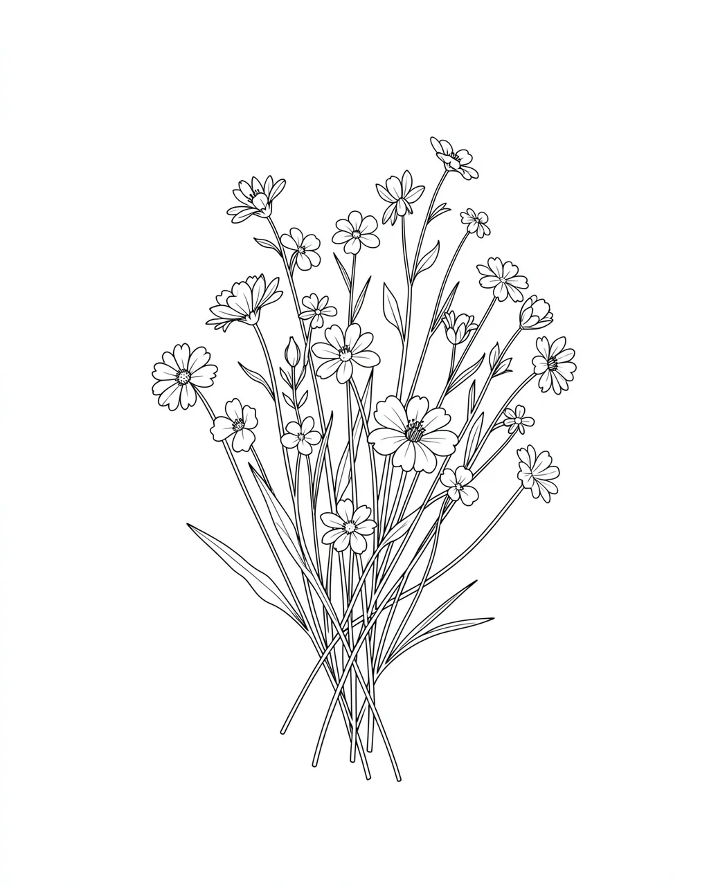 Fine black line art drawing of a small bunch of meadow wildflowers on a plain white background