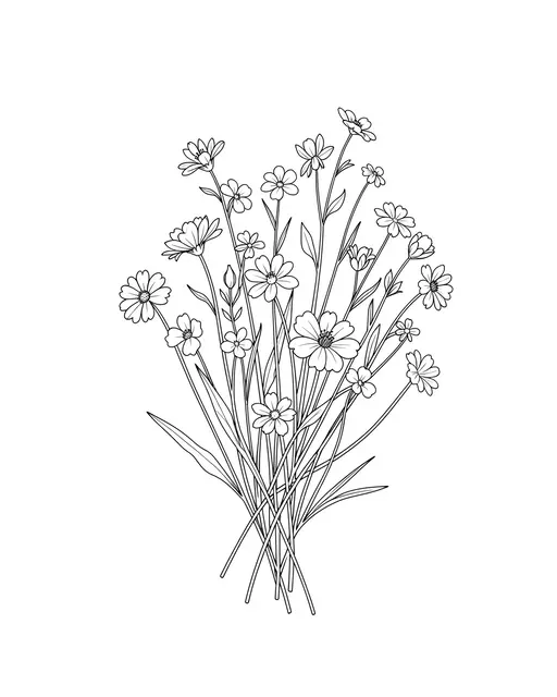 Fine black line art drawing of a small bunch of meadow wildflowers on a plain white background