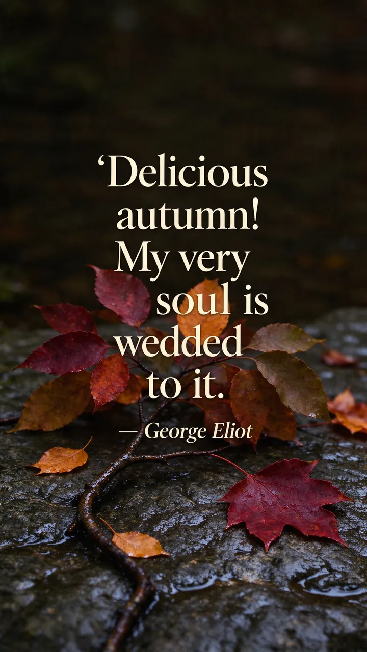 Cream serif quote text over burgundy and ochre autumn leaves resting on dark wet stone, vertical wallpaper design.