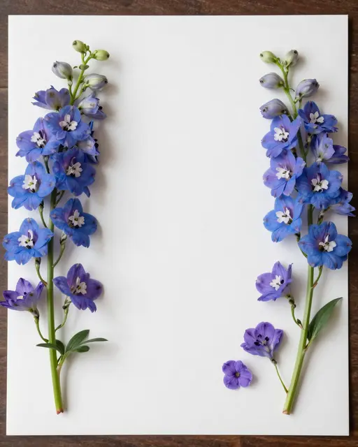 Overhead view of blue and violet delphinium sprigs framing blank white paper on a dark wooden surface