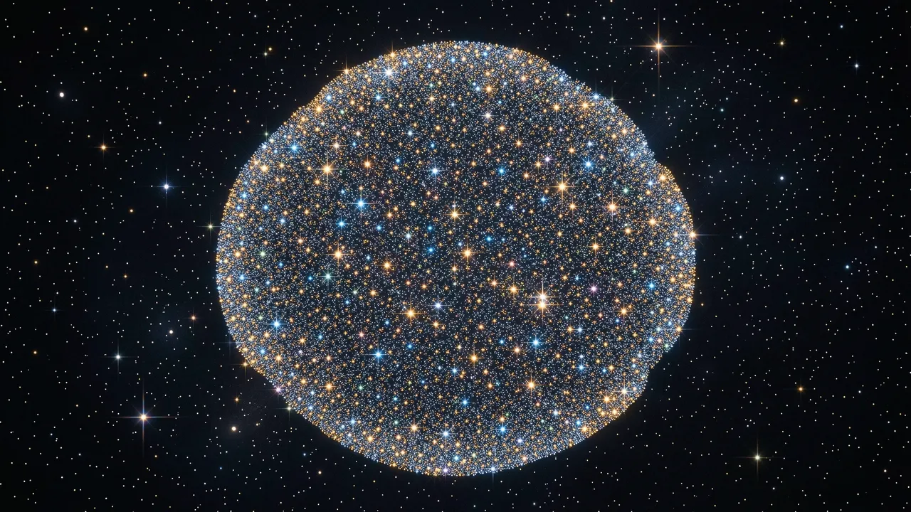A sparkling spherical globular star cluster floats against a dark deep space background of scattered distant stars