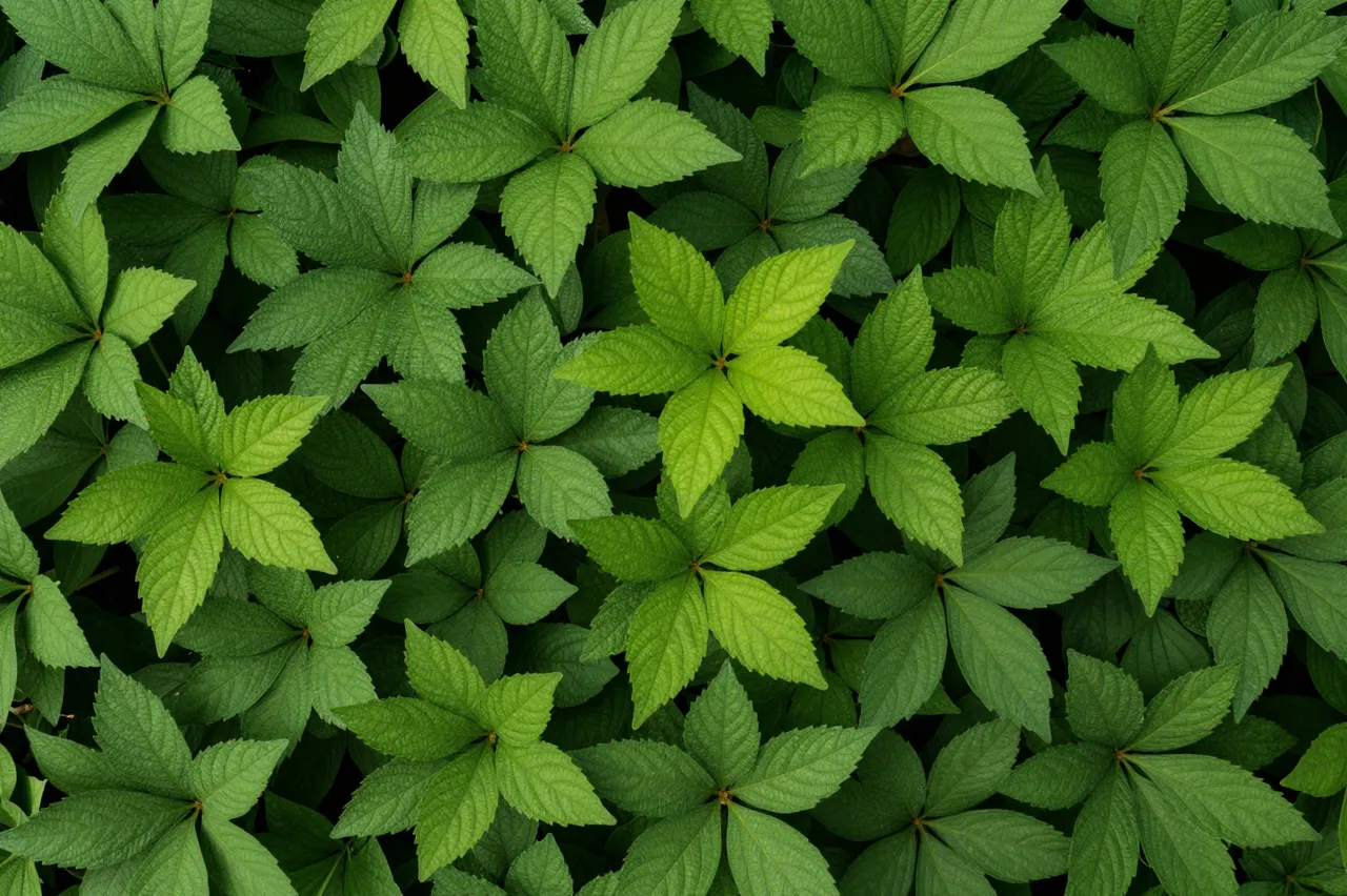 Top down close up view of tightly clustered serrated green leaves filling the entire frame