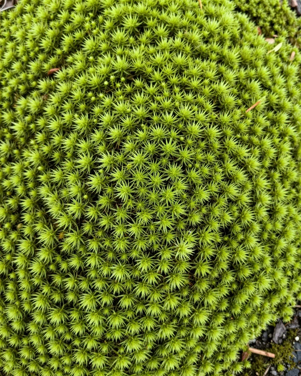 Full frame close-up of dense, spiky pale green sphagnum moss heads with scattered small organic debris