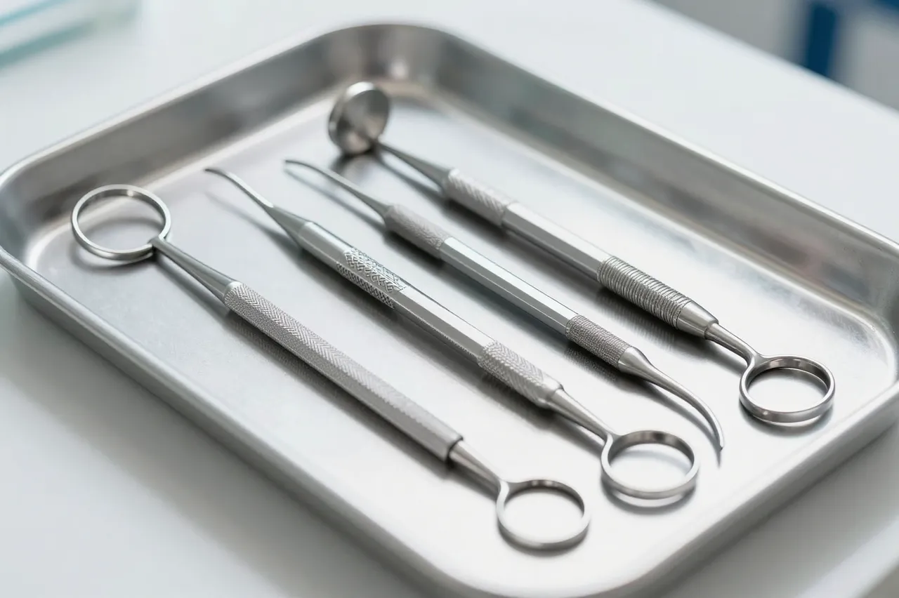 Sterile stainless steel dental instruments rest neatly on a metal tray in a bright clean clinic