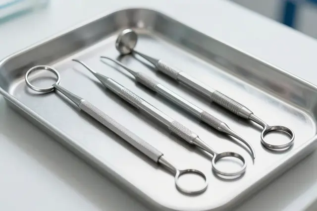 Sterile stainless steel dental instruments rest neatly on a metal tray in a bright clean clinic