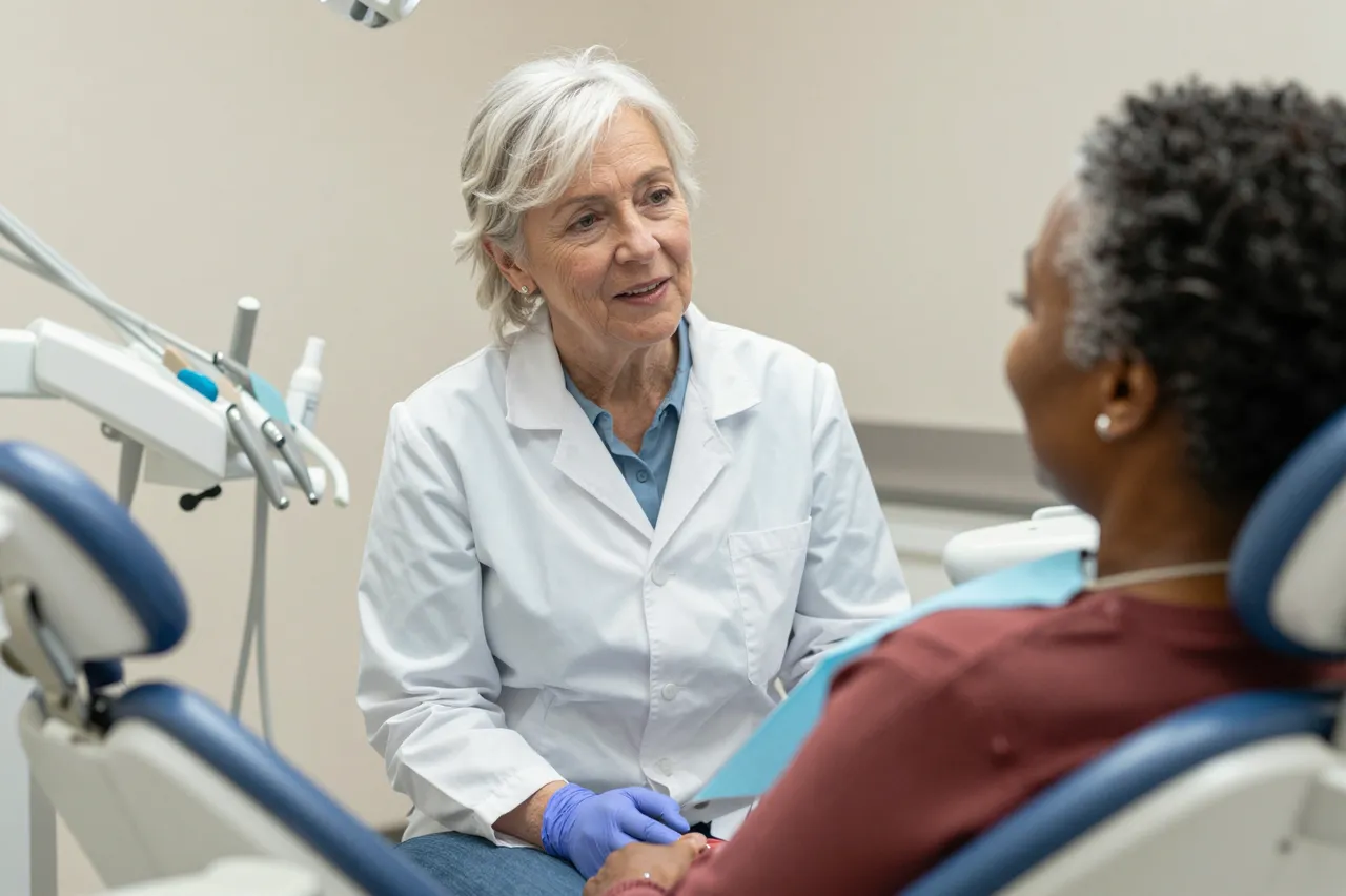 Senior female dentist speaks gently to an older woman seated in a dental office chair before a checkup