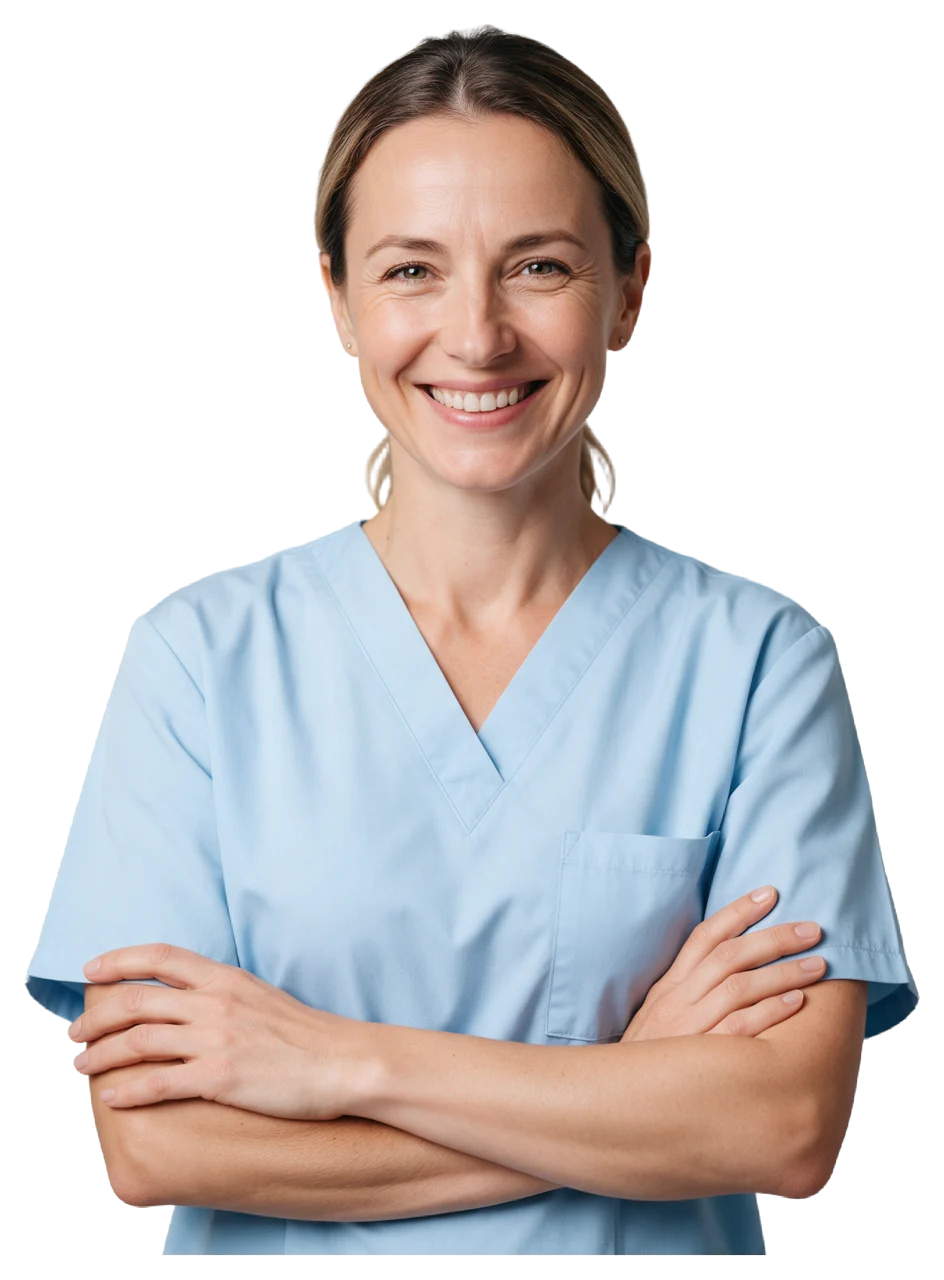 Mid adult woman in pale blue scrubs smiles warmly with her arms crossed