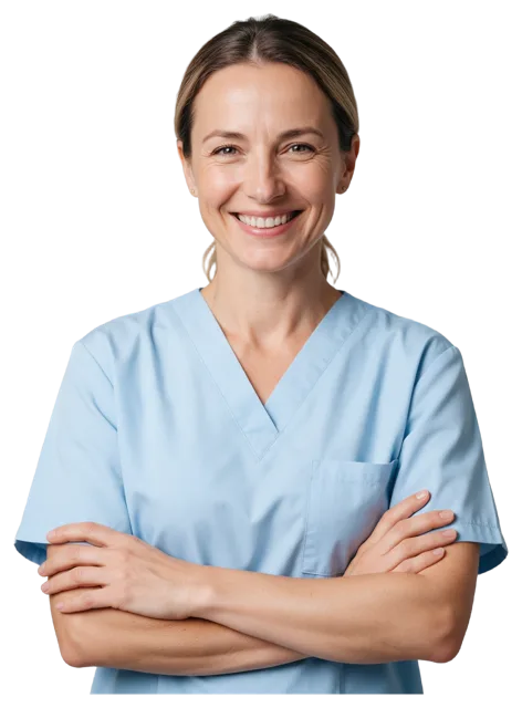 Mid adult woman in pale blue scrubs smiles warmly with her arms crossed