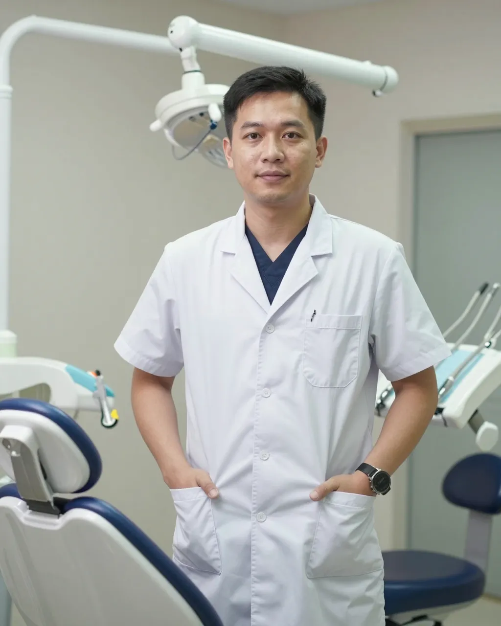 A Southeast Asian man in a white clinic coat stands with hands in pockets beside dental equipment in a clinic room.