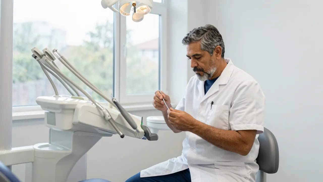 Middle aged male dentist examines a dental tool while seated beside clinic equipment near a bright window