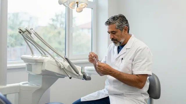 Middle aged male dentist examines a dental tool while seated beside clinic equipment near a bright window
