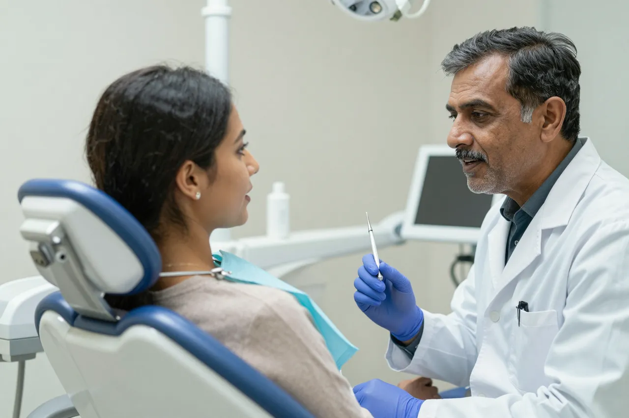 A South Asian male dentist chats with a young woman seated in a dental chair before a checkup