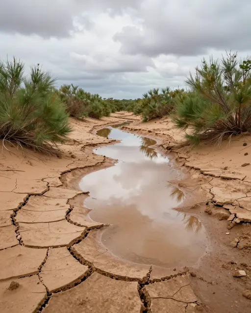 Shallow rain puddle reflecting cloudy sky sits between cracked desert mud and green shrubs