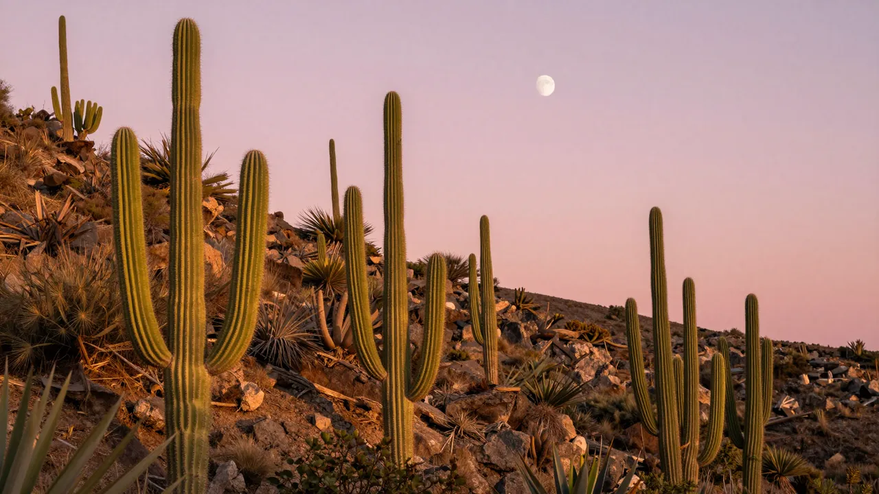 Tall saguaro cacti stand on a rocky desert hillside beneath a pink sunset sky with a rising moon