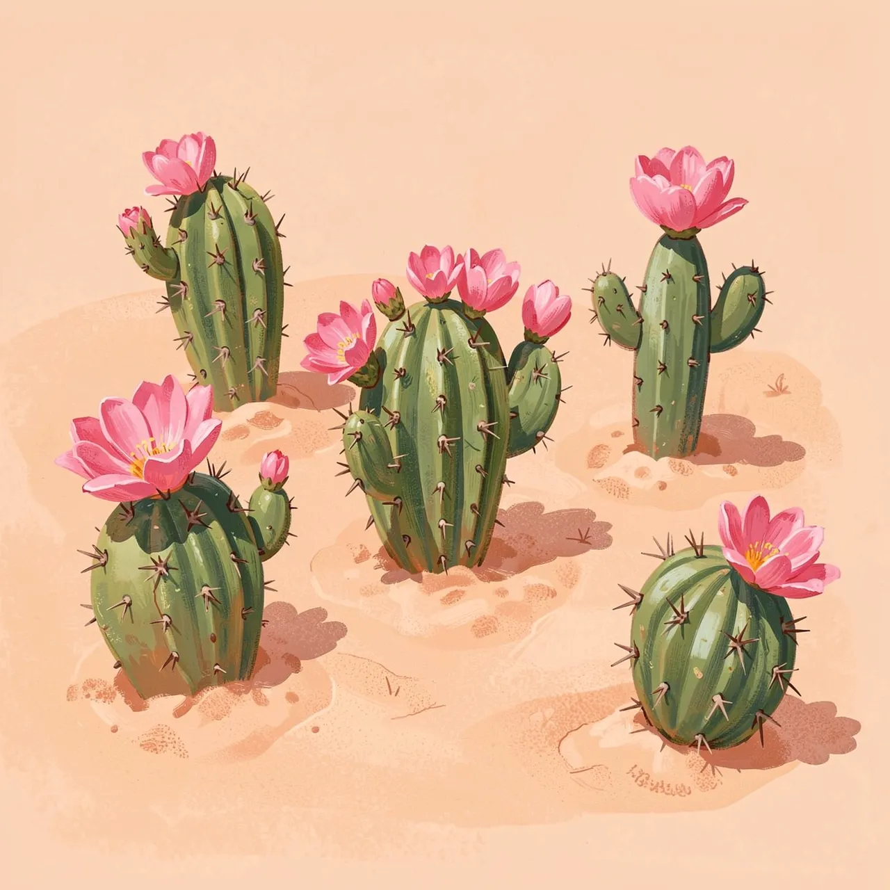 Hand-painted green desert cacti with pink flowers sit on soft sandy peach-toned ground.