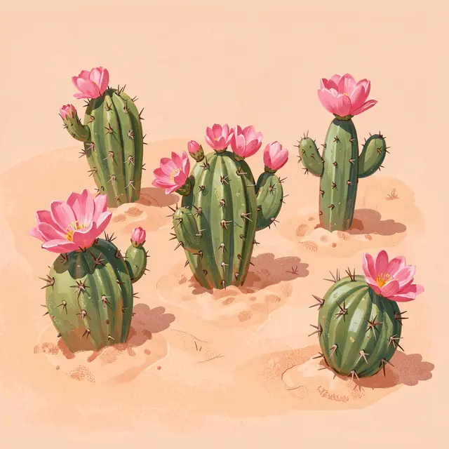 Hand-painted green desert cacti with pink flowers sit on soft sandy peach-toned ground.