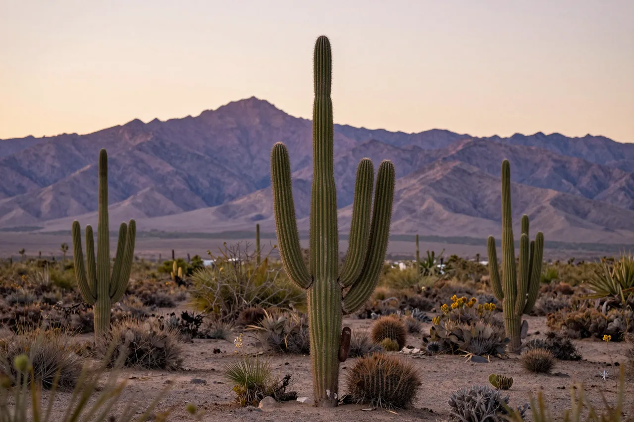 Saguaro cacti stand in a sandy desert with purple mountains at warm sunset