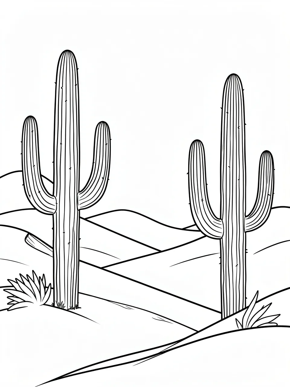 Black and white line art coloring page of saguaro cacti among rolling desert sand dunes