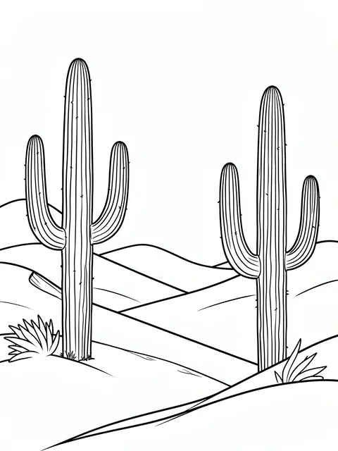 Black and white line art coloring page of saguaro cacti among rolling desert sand dunes