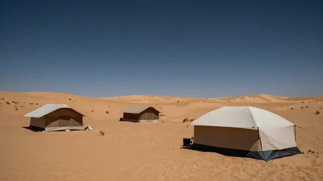 Three canvas tents sit spaced apart on rolling tan desert sand dunes beneath a dark deep blue sky