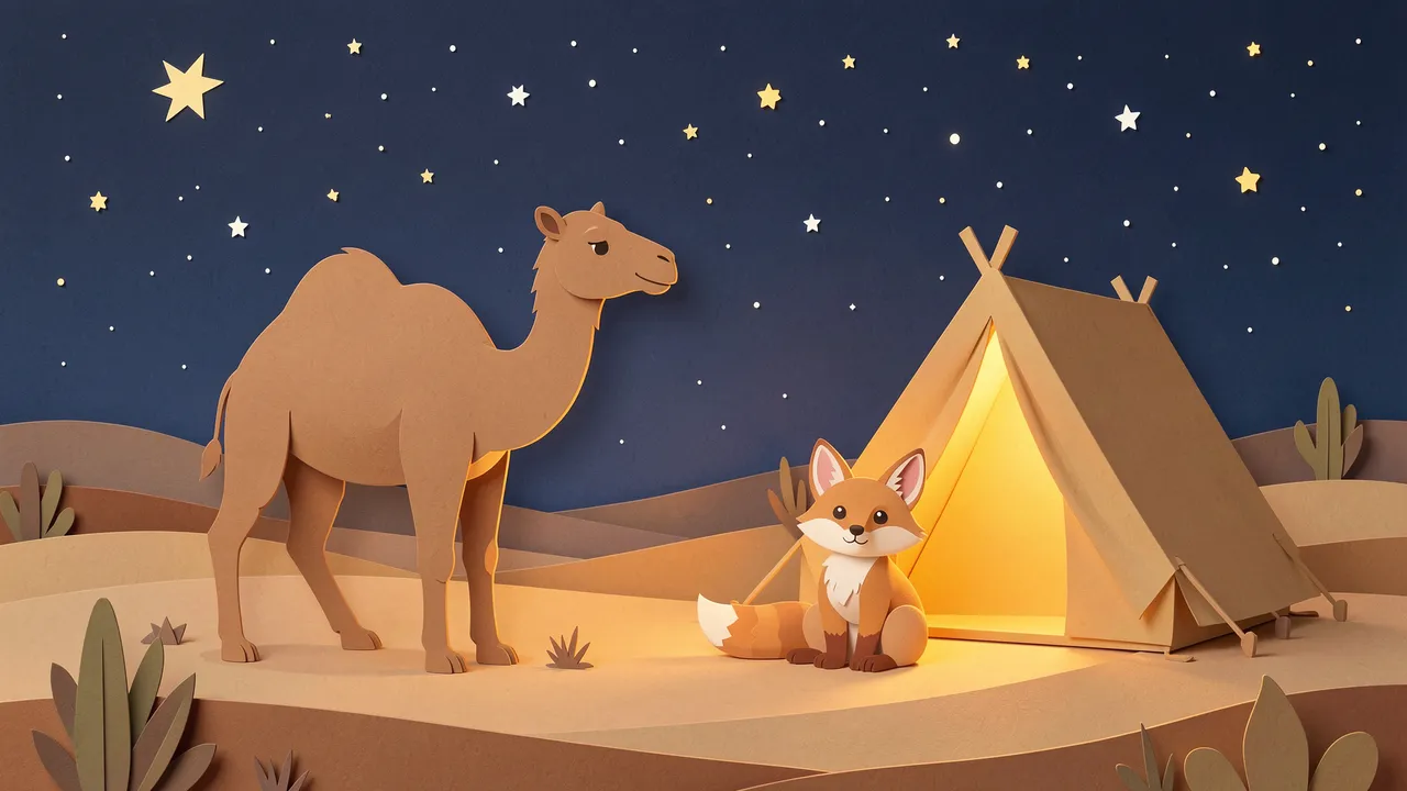 Layered paper cut scene of a camel and fennec fox camping by a glowing tent under a starry night desert sky