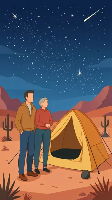 A faceless couple stands beside a tent stargazing in a desert at night under a starry sky with a shooting star.