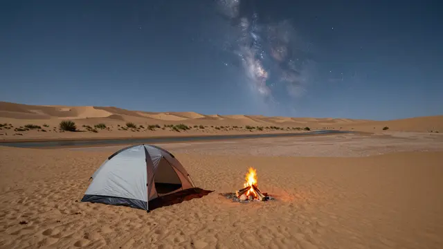 A dome tent and burning campfire sit on desert sand beneath a meteor streaked night sky with the Milky Way