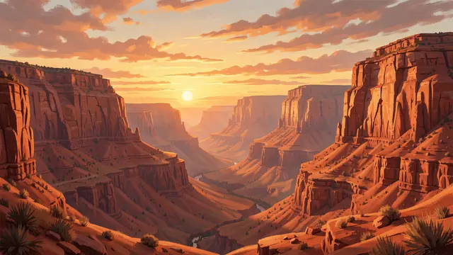 Painterly wide view of a red rock desert canyon at golden sunset, with a distant winding river