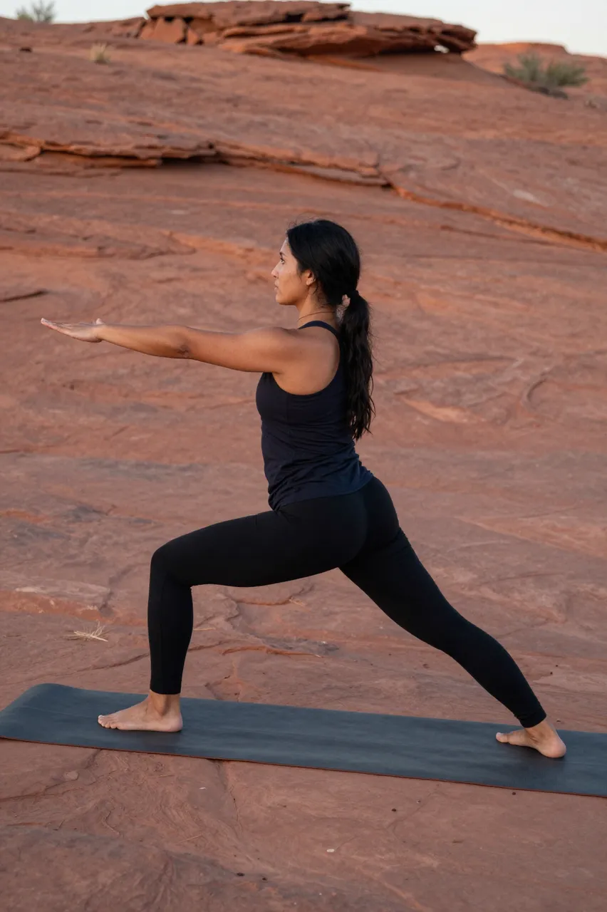Side view of a woman practicing yoga on a mat over red desert rock at dawn