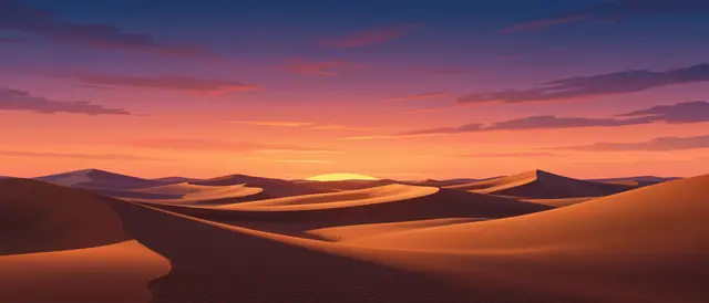 Stylized illustration of rolling desert sand dunes under a gradient sunset sky at dusk