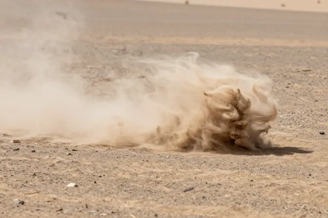 A small swirling dust devil moves across a dry rocky desert plain under bright sunlight