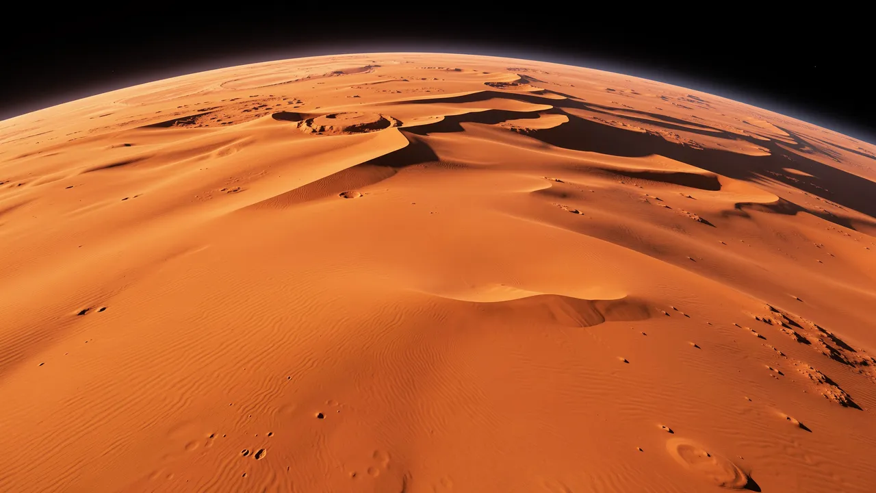 A low orbit view of an arid desert exoplanet with sweeping orange sand dunes against black space