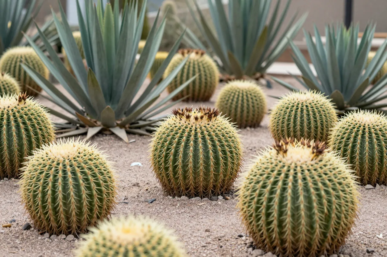 Golden barrel cacti and agave plants grow in light gravel desert garden soil