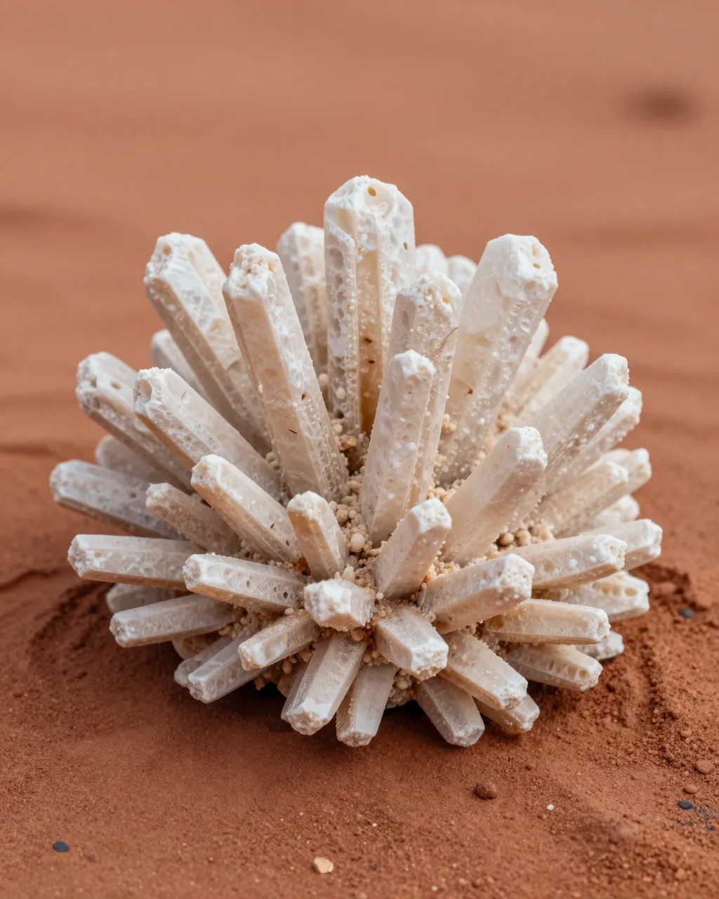 A cluster of pale blade-shaped gypsum crystals rests on warm red desert sand under soft light