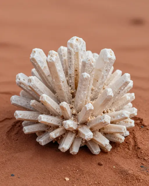 A cluster of pale blade-shaped gypsum crystals rests on warm red desert sand under soft light
