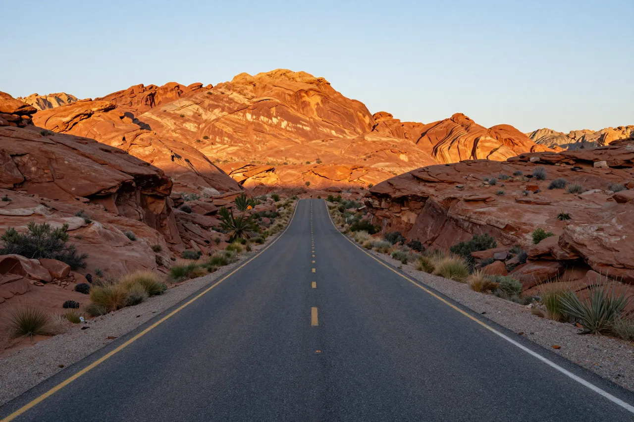 Paved desert road stretches toward sunlit red rock formations at golden hour