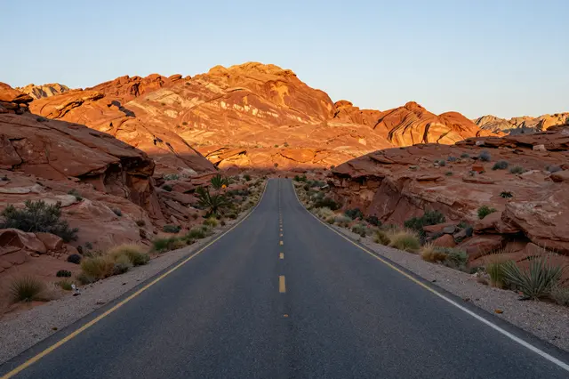 Paved desert road stretches toward sunlit red rock formations at golden hour