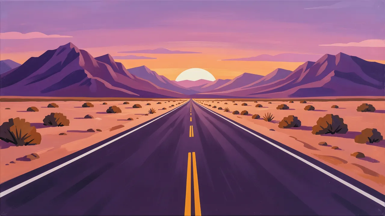 Empty straight desert highway stretches toward purple mountains under a colorful sunset sky