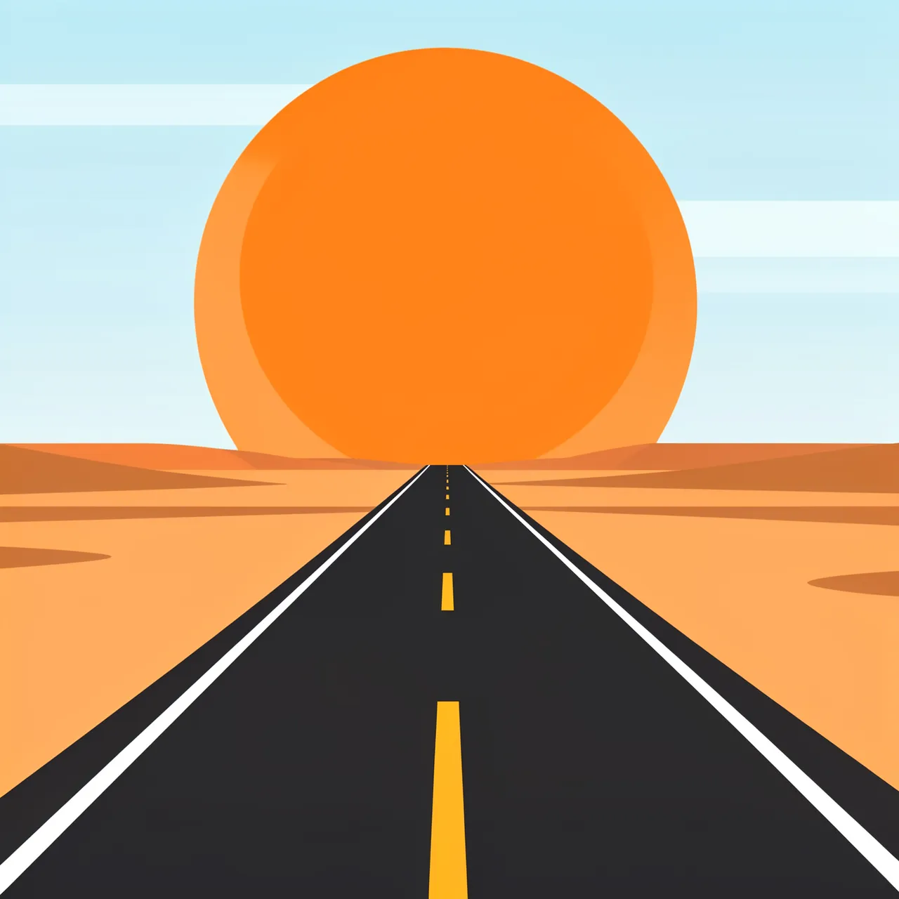 A straight empty paved desert highway stretches to the horizon under a large round orange sun