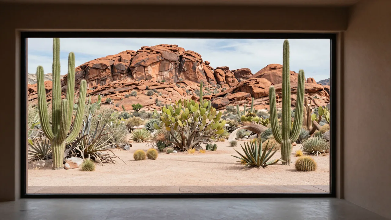 Large floor-to-ceiling window from a desert home interior frames a view of cacti, sand and red rock formations