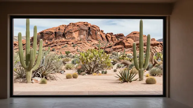 Large floor-to-ceiling window from a desert home interior frames a view of cacti, sand and red rock formations