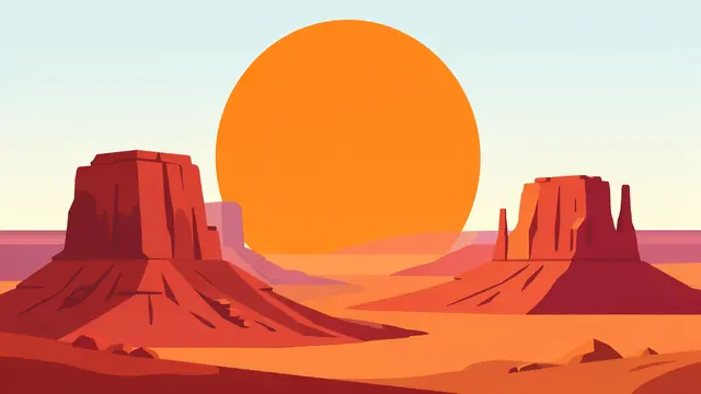 Flat illustration of red desert mesas with a large bright orange sun above the horizon
