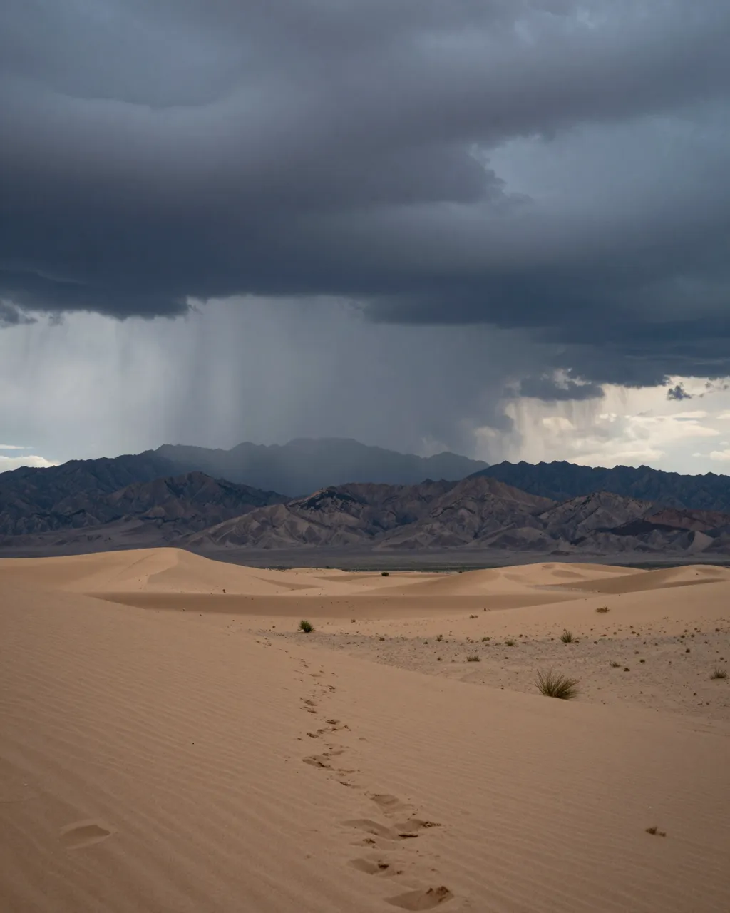 Sand dunes stretch toward a mountain range under dark monsoon clouds with falling distant rain