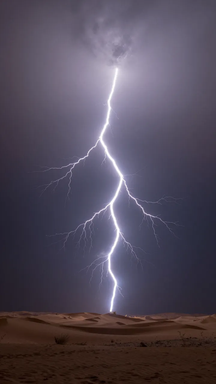 Bright forked lightning illuminates sand dunes across a dark stormy desert sky at night