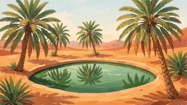 Gouache painting of a circular still green pool surrounded by date palms in a sunlit desert