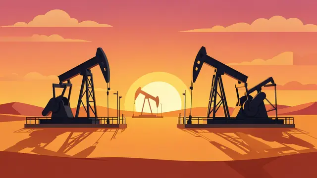 Flat vector illustration of oil pumpjacks casting long shadows across a desert at warm sunset