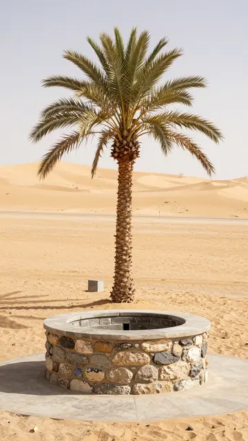 A lone date palm stands behind a stone water well in sunlit desert sand dunes